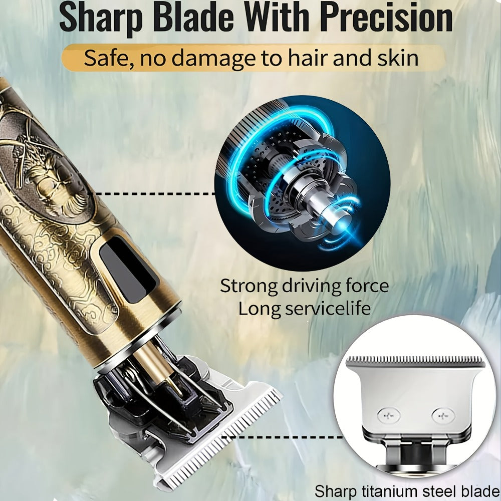 T-Blade Hair Trimmer for Men - LED Display USB Rechargeable 2000mAh, Vintage Dragon & Mustache Design, 4 Combs, Cordless Precision Grooming Kit, Holiday Gift