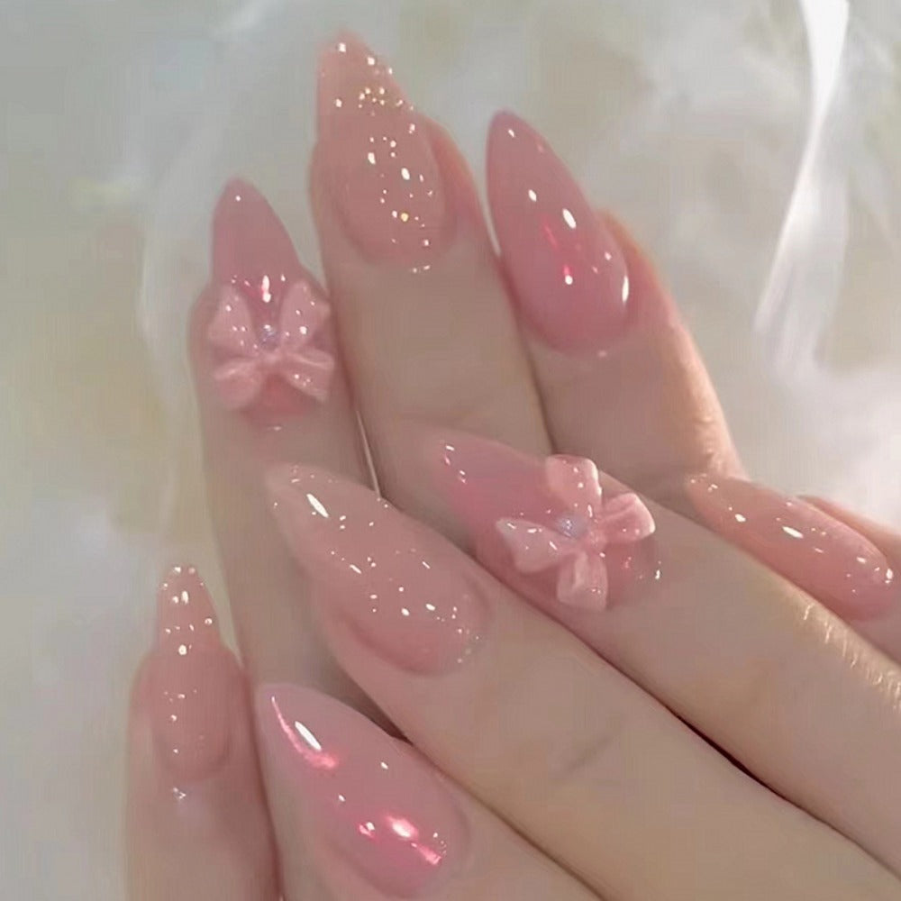 96pcs 4pcs Shiny Ice Pink Gradient Almond Nails - Exquisite Flower Butterfly Design, Easy to Bloom with Press - Perfect Daily Wear for Women and Girls