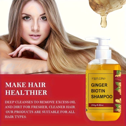 Ginger Biotin Shampoo 250g with Vitamin B7 Deep Cleansing Hydrating Moisturizing Anti-Breakage Anti-Split Ends Soft Bouncy Hair Dual-Purpose Scalp Nourishing Hair Growth Shampoo for Men and Women