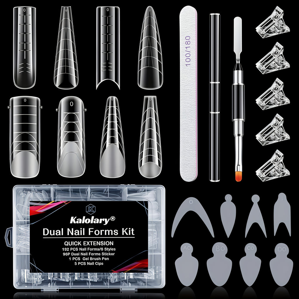 EBANKU Dual Form Kit, 192pcs Poly Gel Forms For French Nails, 96pcs Reusable Pads, 5pcs Clips, Brush Pen, Files Buffer, Extension Kit For Beginner