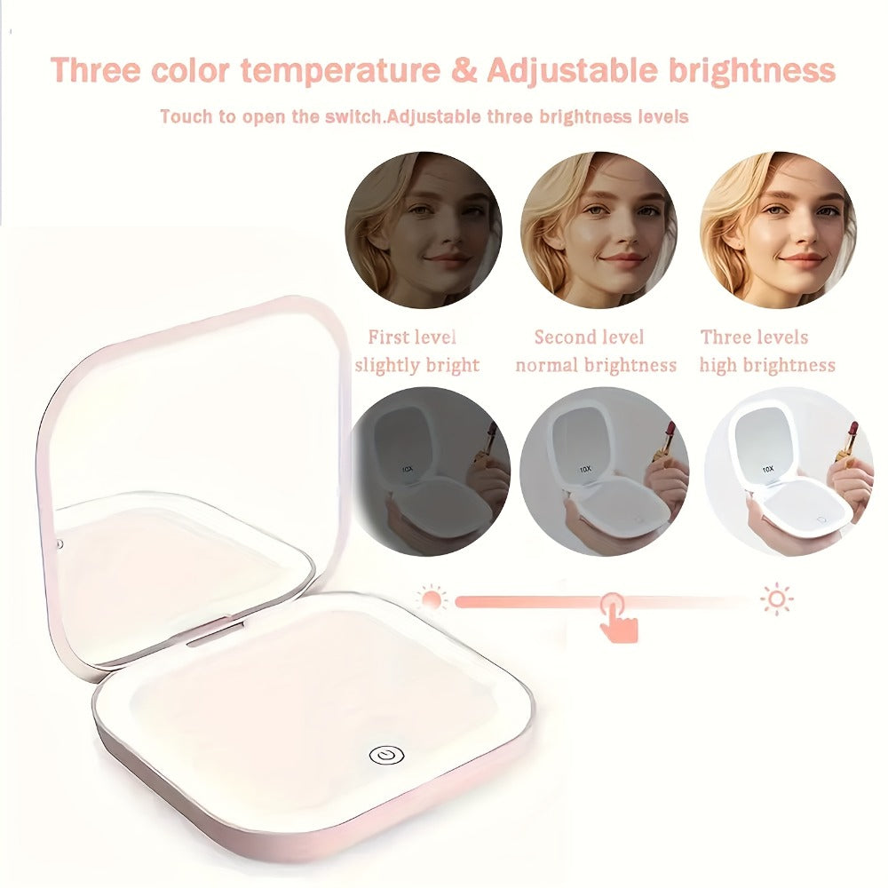 Handheld Mirror with LED Lights, Featuring a Double-Sided Design, Three Brightness Settings, USB Rechargeable Capability, And a Foldable, Portable Structure, Ideal for Makeup Application And Travel, Including Regular And 2X Magnification Options.