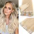 Set of 8 Human Hair Clip-In Extensions, Straight Remy Hair in Highlighted Blonde, Perfect for a Full Head Look for Women