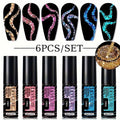 LYCUTE 0.17oz 6-Pack Super Glitter Reflective Color Eyeliner Gel Nail Polish Ultra Fine Brush Tip Stripe Drawing Gel