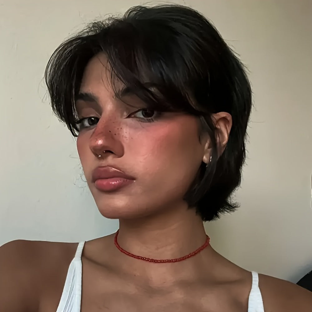 Pixie Cut Wig Human Hair with Bangs — Glueless Short Brazilian Layered Machine Made Throw-On-and-Go Hairpiece, Natural Black & Brown Colors for Women Daily Wear