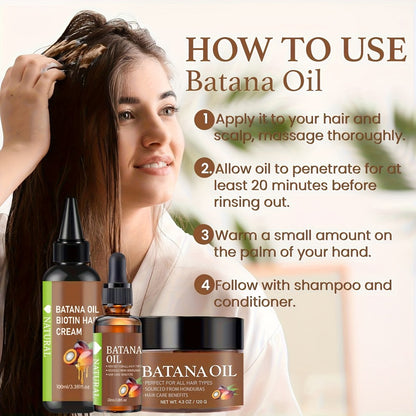 Batana Hair Oil 3-Piece Set — Pure Honduran Cold-Pressed Extract with Biotin, Nourishes Scalp & Hair, Strengthens Strands, Prevents Breakage & Split Ends, Adds Shine, All Hair Types