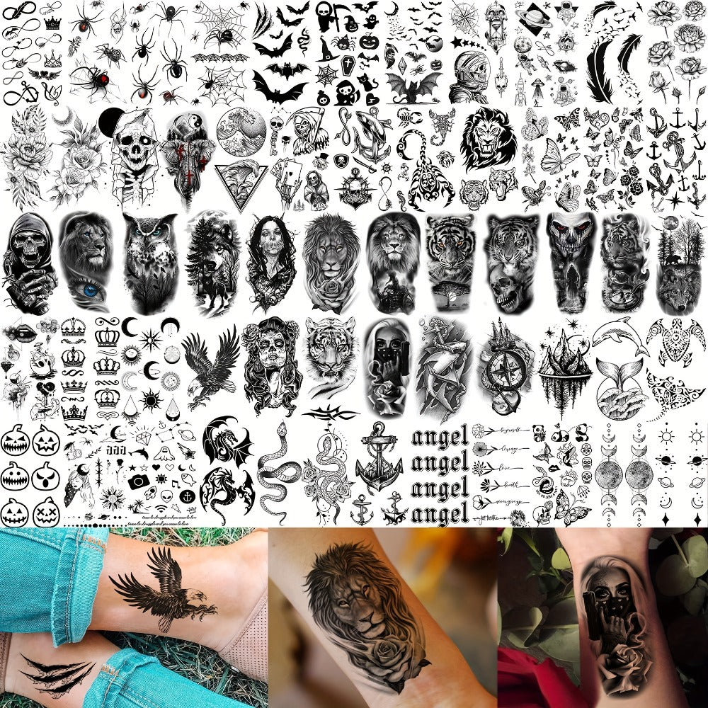 Temporary Tattoos for Adults 71 Sheets - Old School Halloween Tiger Wolf Lion Dragon Skull Floral Gothic Punk Chicano Body Art Fake Tattoos Long Lasting Waterproof for Parties Festivals Costumes