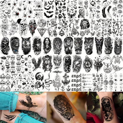 Temporary Tattoos for Adults 71 Sheets - Old School Halloween Tiger Wolf Lion Dragon Skull Floral Gothic Punk Chicano Body Art Fake Tattoos Long Lasting Waterproof for Parties Festivals Costumes