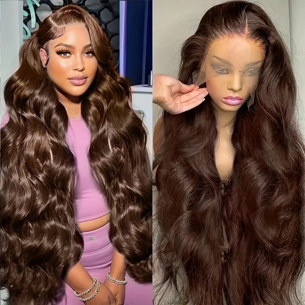 26-Inch Brown Body Wave Lace Front Wig, Synthetic Hair, Heavy Density, Glueless Design, Perfect for Daily Wear, Parties, And Cosplay