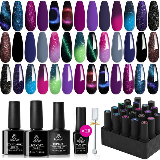 Beetles 24pcs Gel Nail Polish Kits Gift Set, 20 Colors Cat Eye Color Changing Glitter Gel Polish Set with Base Gel Glossy Matte Top Coat, Soak Off Nail Gel Holiday DIY Nail Art Salon