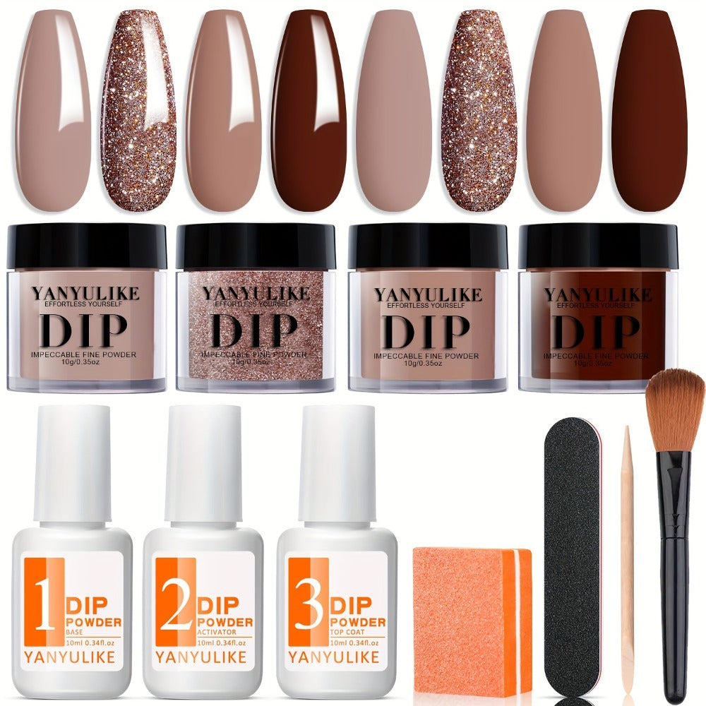 Beginner'S Dip Powder Nail Kit Featuring Four Colors: Pink, Brown, And Beige, Complete with Dipping Powder Liquids