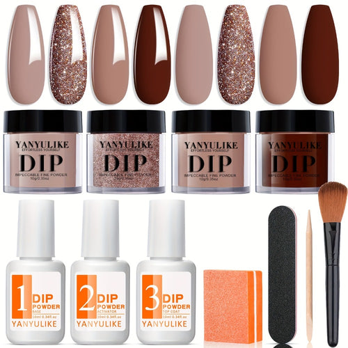 Dip Powder Nail Kit Complete Set with Liquids - 4 Colors Pink Brown Beige Starter Kit for Beginners No Lamp French Nail Art Manicure