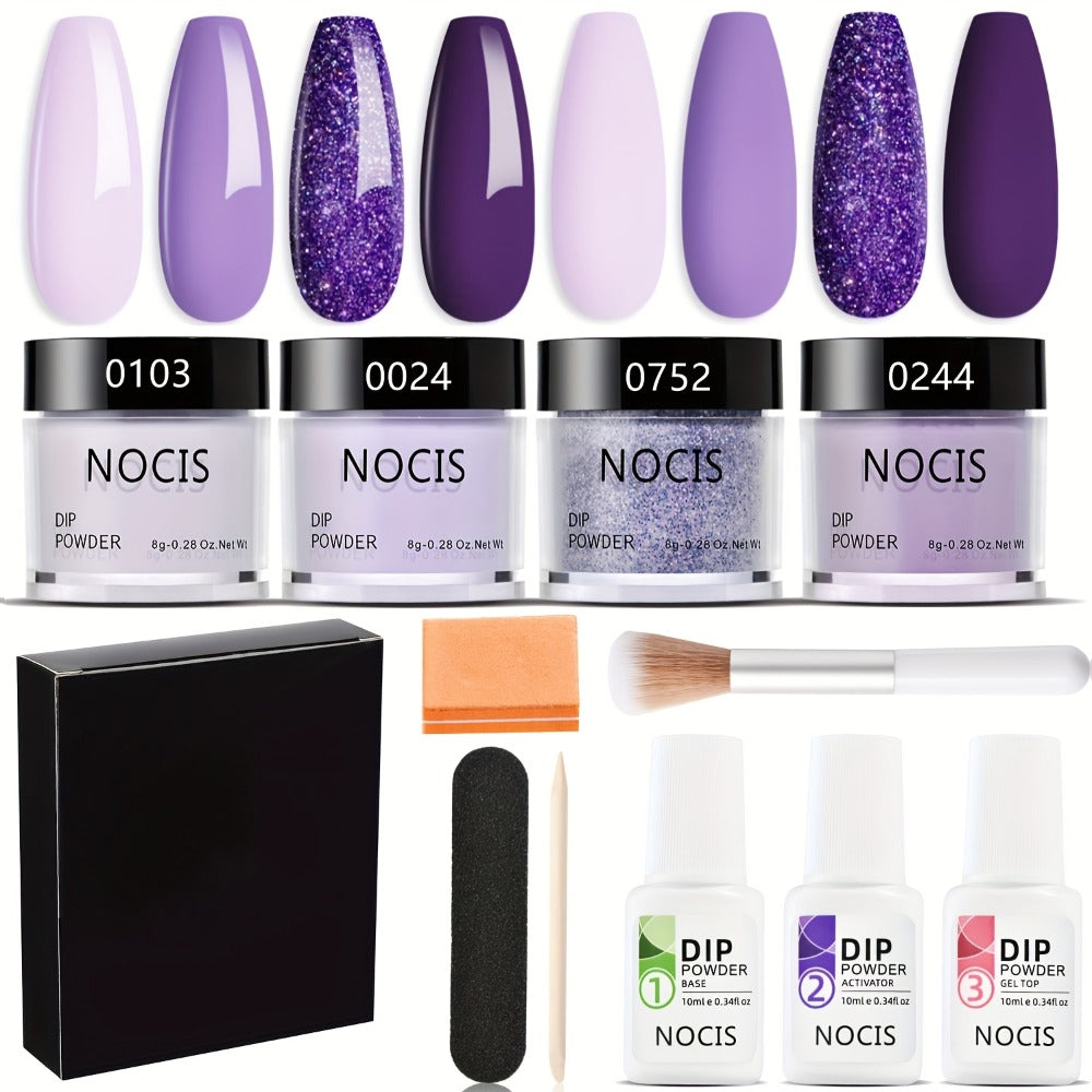 NOCIS Dip Powder Nail Kit Starter, 4 Colors Lilac Lavender Purple Glitter Nail Dipping Powder Essential Liquid Set with Base Top Coat Activator French Nail Art DIY At Home Manicure Salon All-in-One Beginner Kit