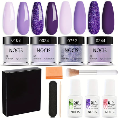Dip Powder Nail Kit 4 Colors Lilac Lavender Purple Glitter - Base Coat Top Coat & Activator Included - French Nail Art All-in-One Beginner Manicure Set for Home & Salon