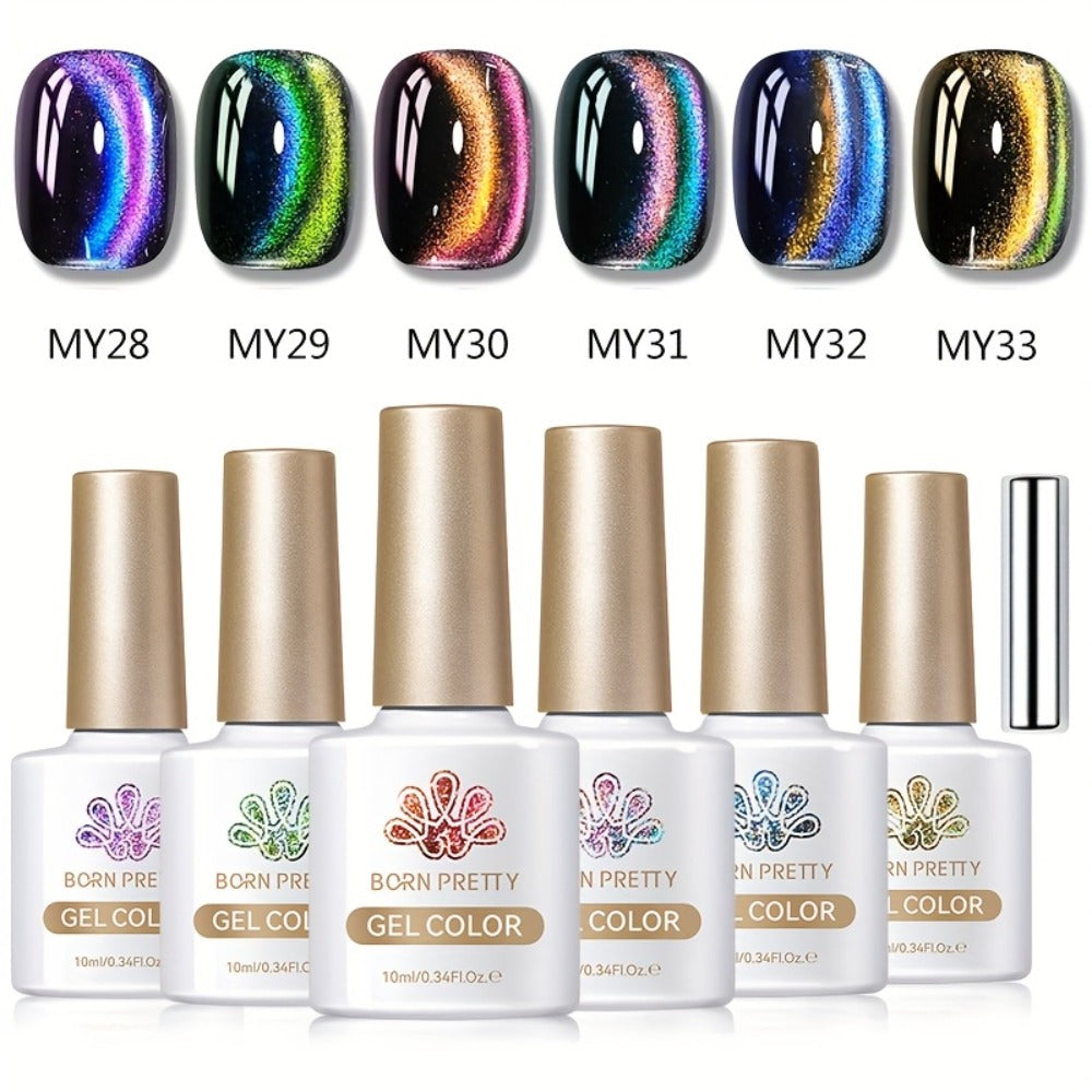 BORN PRETTY 0.34oz 6pcs 9D Polaris Cat Magnetic Gel Nail Polish Glass Water Light Semi-Permanent Soak Off LED Enamels Varnish