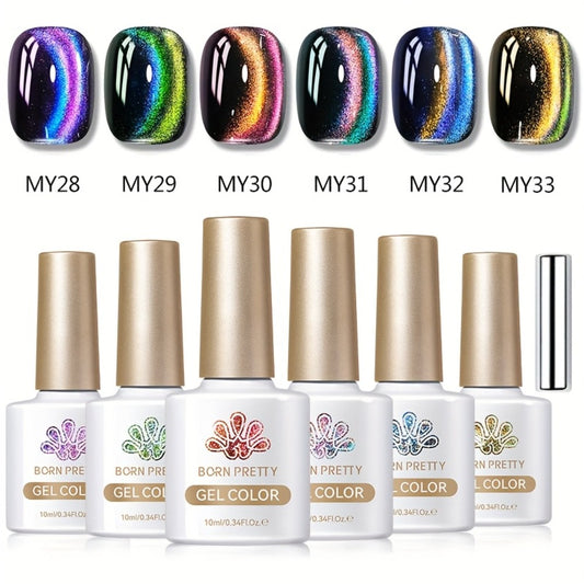 Cat Eye Magnetic Gel Nail Polish 6 Colors — 9D Polaris Glass Water Light Effect, Semi-Permanent Soak Off LED Gel, 0.34oz Each | BORN PRETTY Nail Gel Set