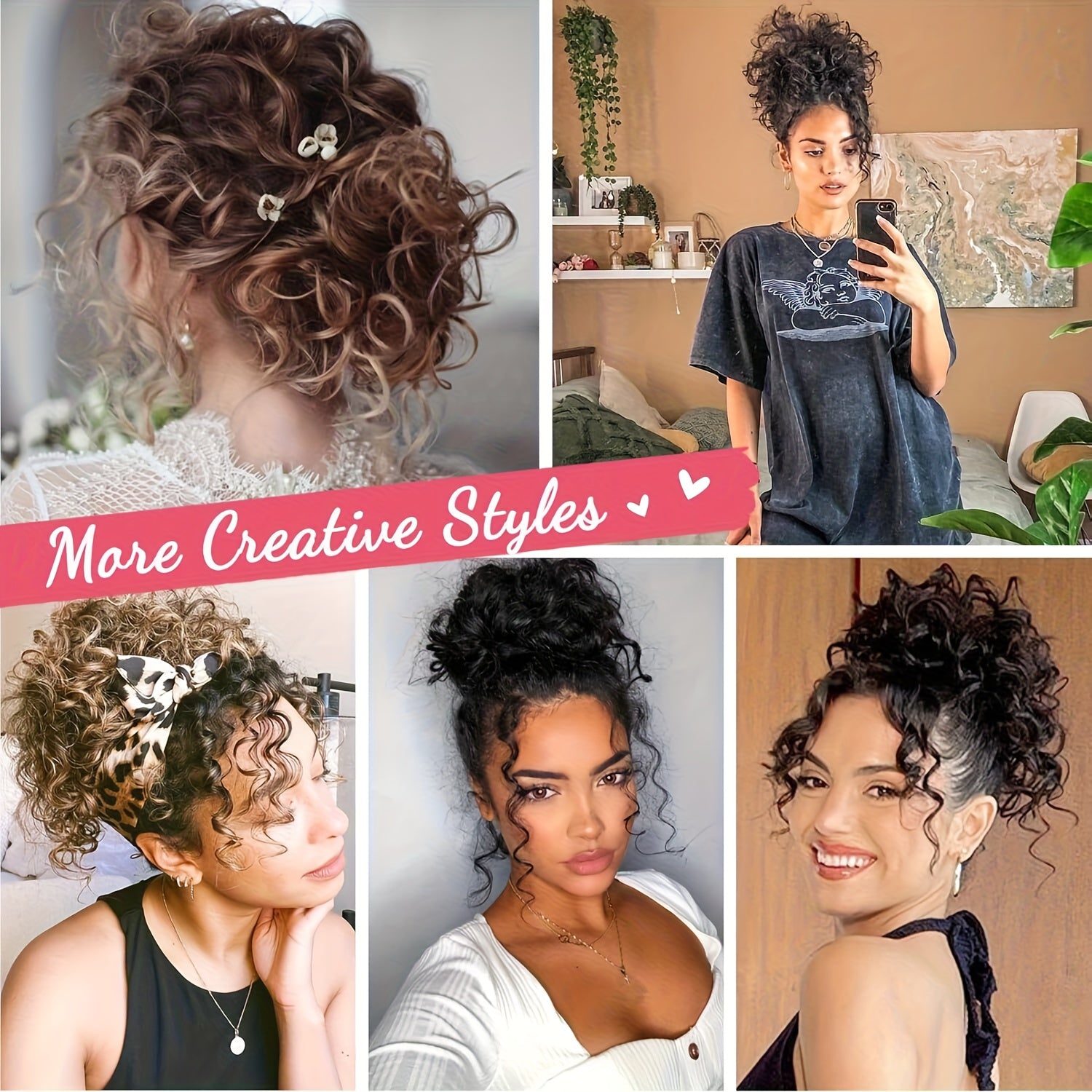 FESHFEN Messy Bun Short Curly Ponytail Extension with Elastic Drawstring, Loose Hair Bun Pieces for Women with Thinning Hair, Made from High-Temperature Synthetic Fiber, Weighing 80G