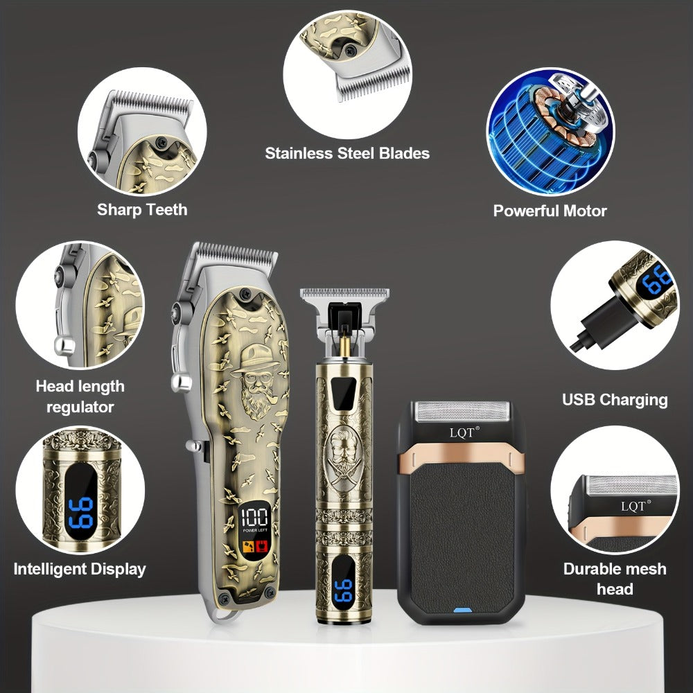 Electric Hair Clipper Set for Men LQT USB Charging 2000mAh with Engraving Scissors Metal Digital Display - 2 or 3 Piece Barber Kit for Home & Salon Bronze Gift