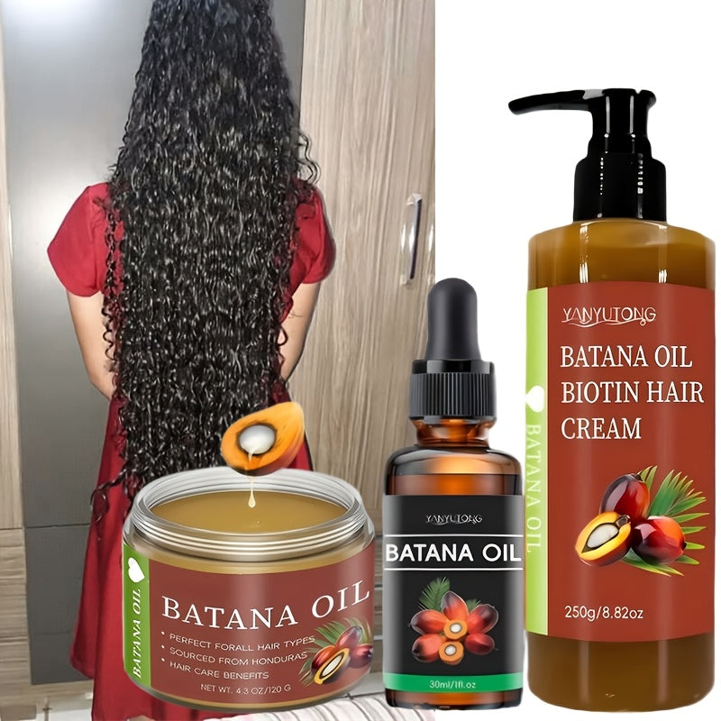 [Make Hair Look Thicker] 3pcs Honduras Batana Hair Cream And Batana Hair Oil And Batana Essential Oil, Pure Cold-Pressed Extract Containing Biotin to Nourish The Scalp And Hair, Strengthen And Prevent Breakage And Split Ends, Add Luster