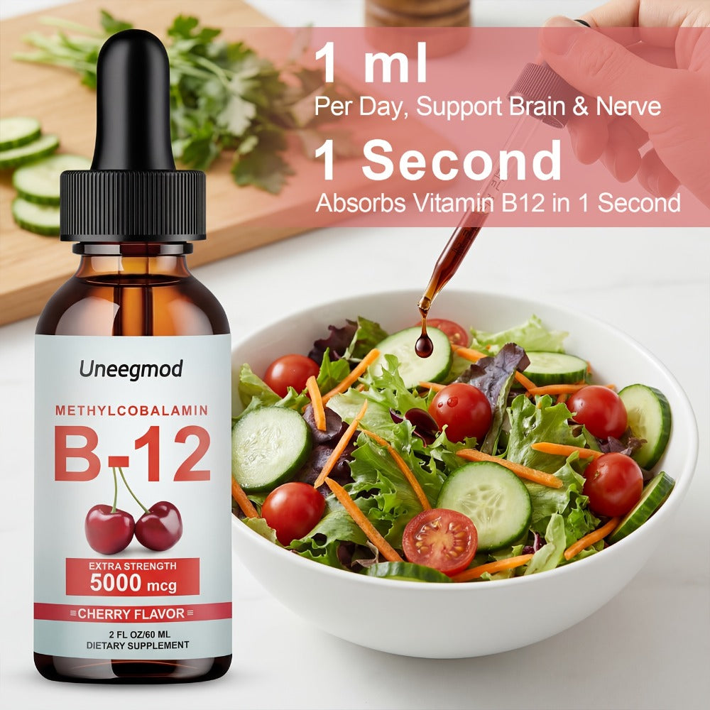 Uneegmod Vitamin B12 Liquid Drops 5000 Micrograms Cherry Flavor Sublingual B12 Drops Methylcobalamin Liquid Supplement Suitable for Both Men And Women 2 Fluid Ounces