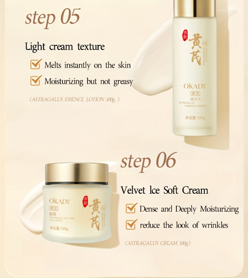 Astragalus Skin Care Set, And Astragalus Face Cream-100g, Antioxidant, Hydrating Nourishing, Reduce The Look Of Wrinkles, Astragalus Face Cream, Essence, Facial Cleanser, Water, Lotion, Eye Cream. Suitable For All Skin Types