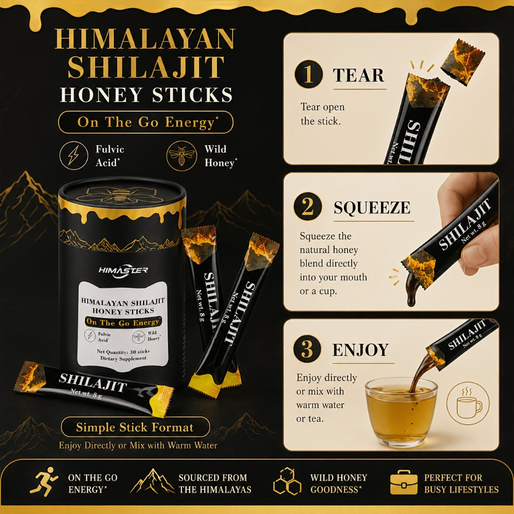 Himaster Shila Honey Sticks, 30 Sticks 1 Bottle Easy to Consume, Shila for Support, Vitality, 85+ Trace Minerals, 75%+ Fulvic Acid for Men & Women Himalayan Shila Sticks with Honey & Saffron