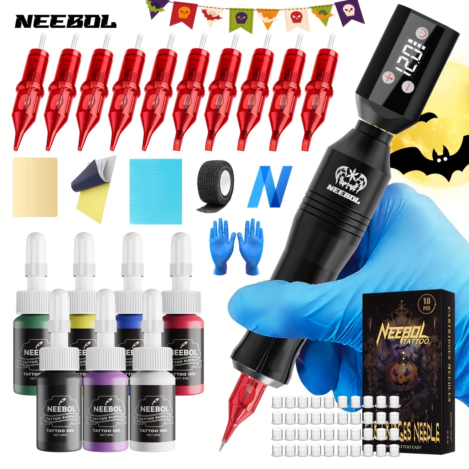Neebol Tattoo Machine Kit Complete, Rotary Tattoo Pen Kit, Display Screen, 8 Hour Battery Life, 10/20 Cartridge Needles, Portable Design, Cordless Tattoo Gun Wireless Tattoo Supplies Equipment for Beginners And Artists, Body Art Makeup Easter Gifts