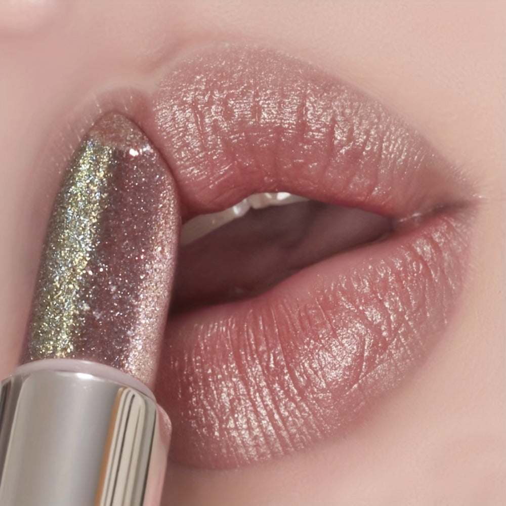Nude Lipstick Set 3PCS Pearlescent Metallic Finish - Golden Glitter Shimmer Lip Color Nude Brown Daily Makeup Music Festival Party Lipstick for Women