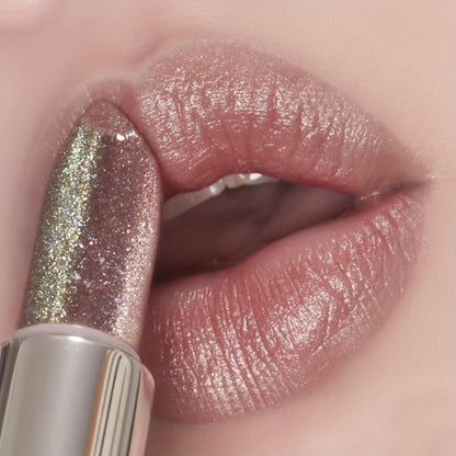 Nude Lipstick Set 3PCS Pearlescent Metallic Finish - Golden Glitter Shimmer Lip Color Nude Brown Daily Makeup Music Festival Party Lipstick for Women