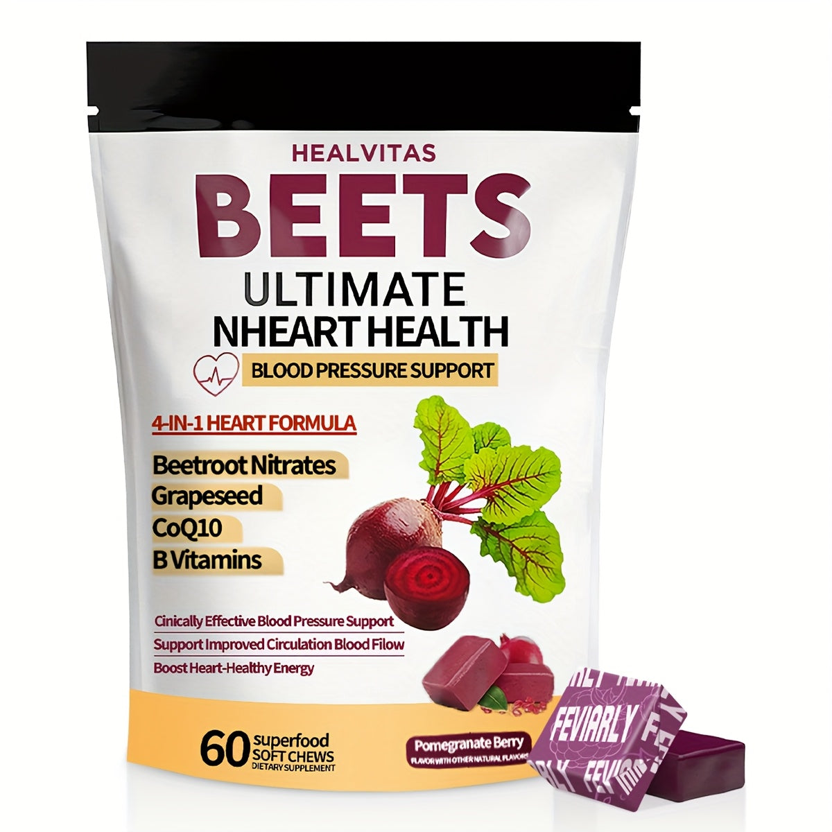 4 In 1 Super Beetroot Gummies Contains Coenzyme Q10, Beetroot Powder, Multi-Vitamins, Supports Healthy Blood Pressure, Heart Health, 60 Soft Chewable Gummies, Pomegranate Fruit Flavor - 30 Day Supply, Best Gift For Family And Friends!