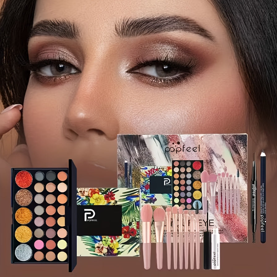 POPFEEL All-in-One Full Face Makeup Kit with Brush - Complete Beauty Set, Berry & Neutral Foundation, Blush, Eyeshadow Palette & Mascara Suitable for Gifts or Personal Use, Comprehensive Powder-Based Makeup Collection
