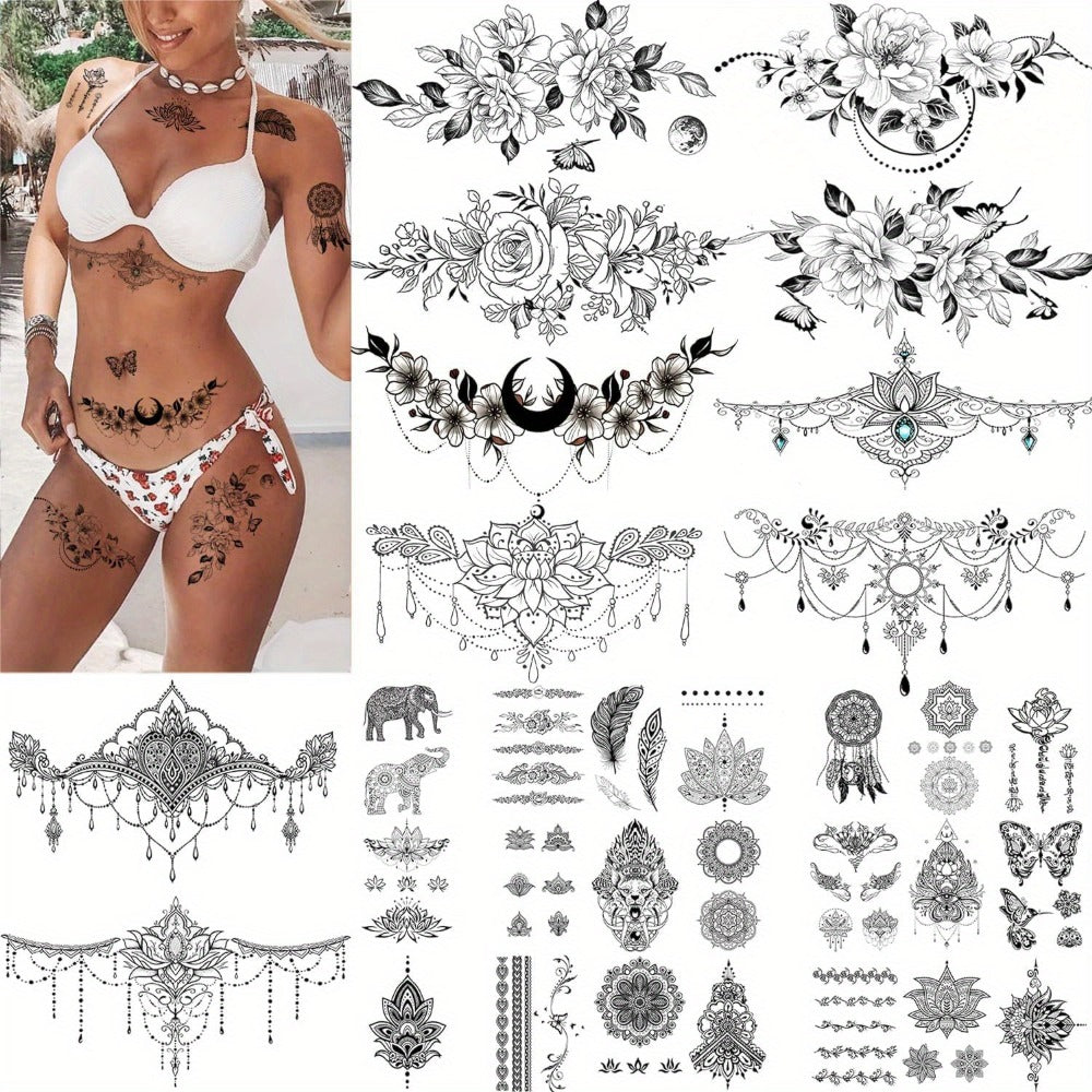 60+pcs Temporary Tattoos for Women with 10 Large Realistic Body Suitable for Parties, Festivals, Swimming - Fake Tattoos for Chest, Neck, Underboob & Application