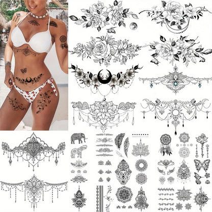 Fake Tattoos for Women 60+ Pcs with 10 Large Realistic Body Art Designs, Waterproof Temporary Tattoos for Chest Neck Underboob, Party Festival Swimming Tattoo Stickers