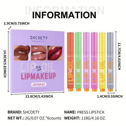 Lip Gloss Set 6 Pcs Neon Colors Moisturizing Press-On Lipstick Glossy Finish Long-Lasting Lip Makeup Gift Set for Women Valentine's Day