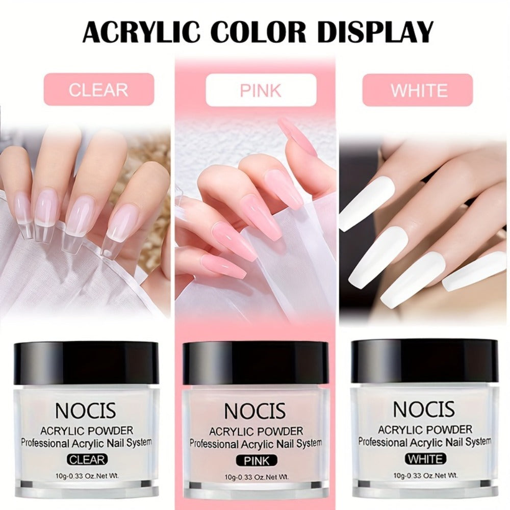 1 Set NOCIS Acrylic Nail Kit for Beginners - DIY Nail Extension, Includes 0. 33oz Clear, White, Pink Powder & Liquid, Nail Brushes, Unscented, Salon-Quality Home Manicure Tools