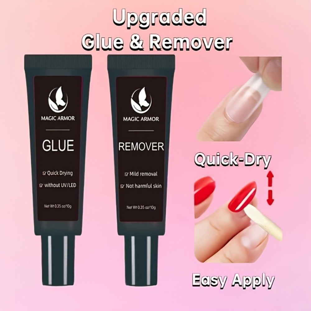 Nail Glue with Glue Remover Kit, Super Strong Nail Glue 10g, Suitable for Acrylic NailPressing, 10g Glue Can Remove False Nails, Strong Glue Remover, Nail Polish Nail Polish
