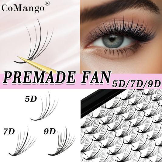 CoMango 120Fans Premade Wispy Fan Lashes - 5D/7D/9D Volume, Individual Sandwich Faux Mink Spike Stem, Fluffy Pointy Base, Natural Look, Options for Beginners, Beginner Eyelash Extensions, Fluffy Lash Extensions, Curlable Lashes Durable Adhesive
