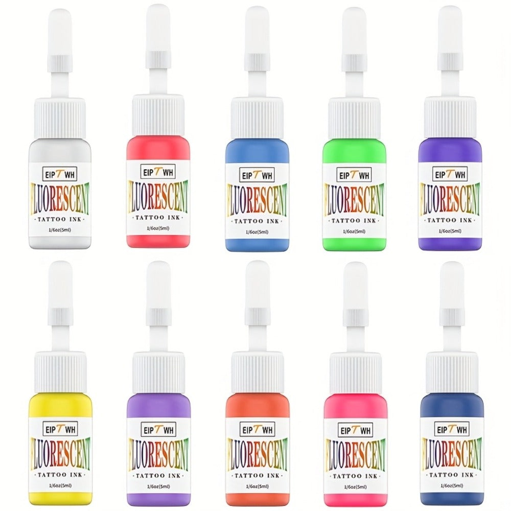 Fluorescent Tattoo Ink Set 10 Colors UV Glow Bright Long-Lasting Light-Reactive Neon Tattoo Ink Bottles for Tattoo Artists & Enthusiasts Body Art