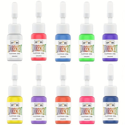 Fluorescent Tattoo Ink Set 10 Colors UV Glow Bright Long-Lasting Light-Reactive Neon Tattoo Ink Bottles for Tattoo Artists & Enthusiasts Body Art