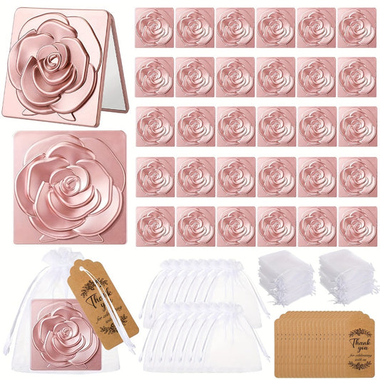 Compact Mirror Wedding Favors Bulk - 30 Sets Rose-Shaped Portable Purse Mirrors with Thank You Tags & Organza Bags, Bridal Shower Bachelorette Party Graduation Gift for Guests