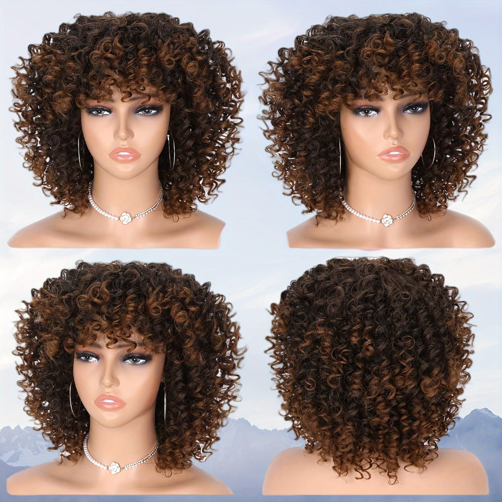 Afro Kinky Curly Wig for Black Women — Short Synthetic Wig with Bangs, 180% High Density, Natural Fluffy Curls, Stretch Cap, Daily Wear & Party, Fits All Head Sizes
