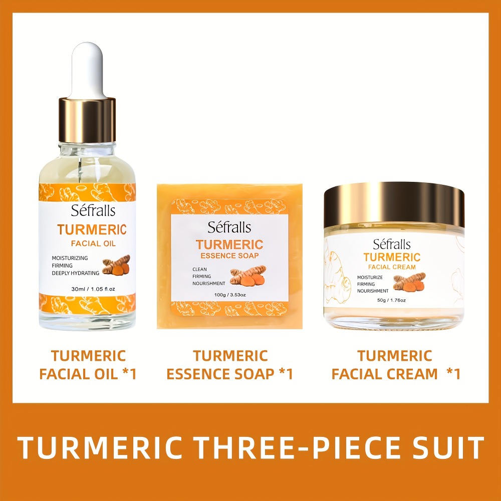 Sefralls Turmeric 3pcs/Set, Includes Turmeric Facial Cream, Turmeric Essential Soap, Turmeric Facial Essential Oil, Deeply Cleans Facial Pores, Moisturizes The Skin, Gently Balances Oil, Rich In Turmeric Extract, The Best Gift - Essential for Travel