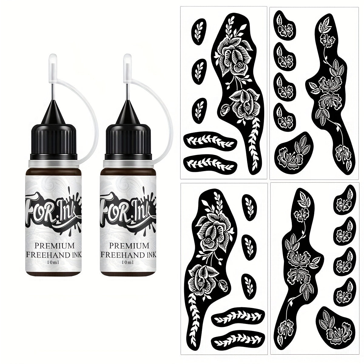Body Art Tattoo Stencil Kit with Brown Paste Ink & Flash Spray - Hollow Template DIY Freehand Temporary Tattoo Designs 2-Pack SM-16 SM-17