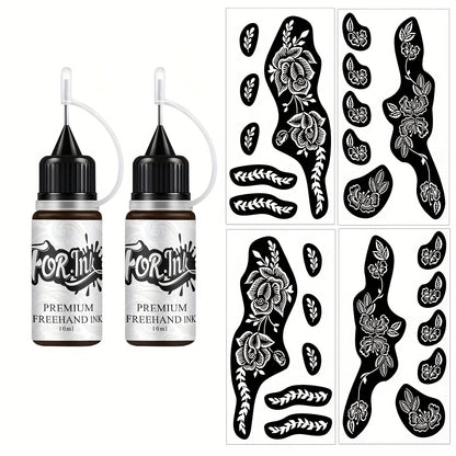 Body Art Tattoo Stencil Kit with Brown Paste Ink & Flash Spray - Hollow Template DIY Freehand Temporary Tattoo Designs 2-Pack SM-16 SM-17