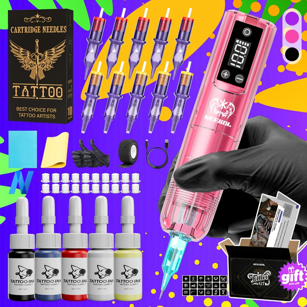 Neebol Tattoo Machine Kit Complete Set, Cordless Tattoo Pen with Screen Display, 6-8 Hours Battery, Wireless Rotary Tattoo Gun Set, 10/20 Tattoo Cartridge Needles, 7 Tattoo Inks, Full Tattoo Supplies for Beginners And Artists, Body Art Makeup Gift