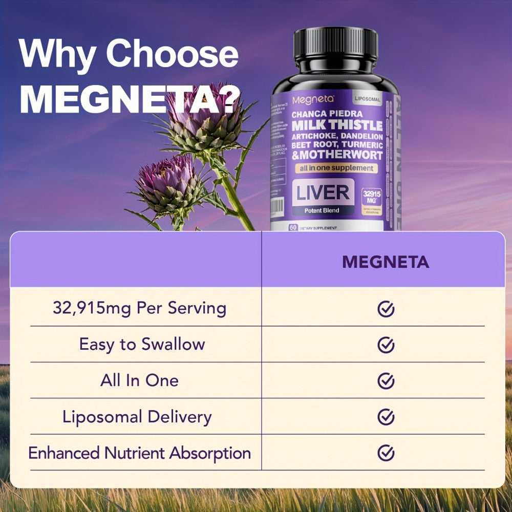 Megenta Liver Wellness | 24, 000MG of Milk Thistle, Turmeric, And Dandelion Root | Herbal Components for | 60 Capsules, 30 Servings