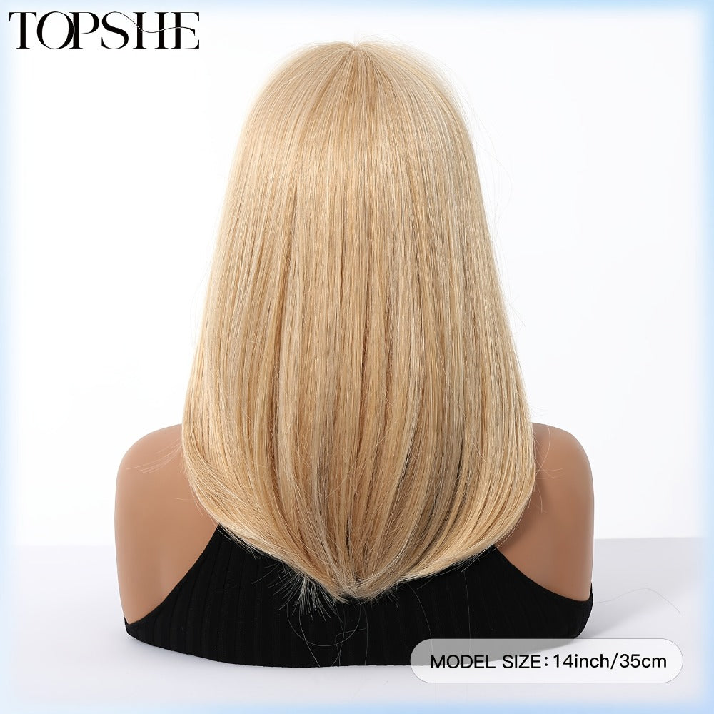14Inch Golden Layered Straight Hair Women'S Wig With Bangs, Shoulder Length, Daily Fashion, New Fashion, For Work, Dress Up, Parties, Christmas, Synthetic Wig, High-temperature Silk, Comfortable Rose Mesh Hat, Valentine'S Day, Mother'S Day Gift