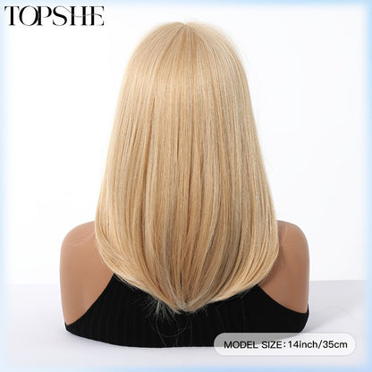 Golden Straight Wig with Bangs Synthetic Layered 14 Inch Shoulder Length Full Bangs High Temperature Silk Fiber Glueless Rose Net Cap for Women Daily Fashion Party