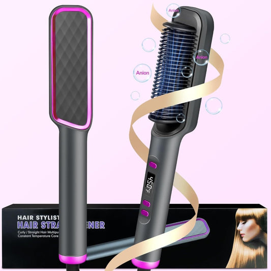 Hair Straightener Brush 10s Fast Heat LCD Display – 5 Temperature Flat Iron Comb Anti-Scald Straightening Brush for Women with 2 Clips & Comb – White, Grey, Purple