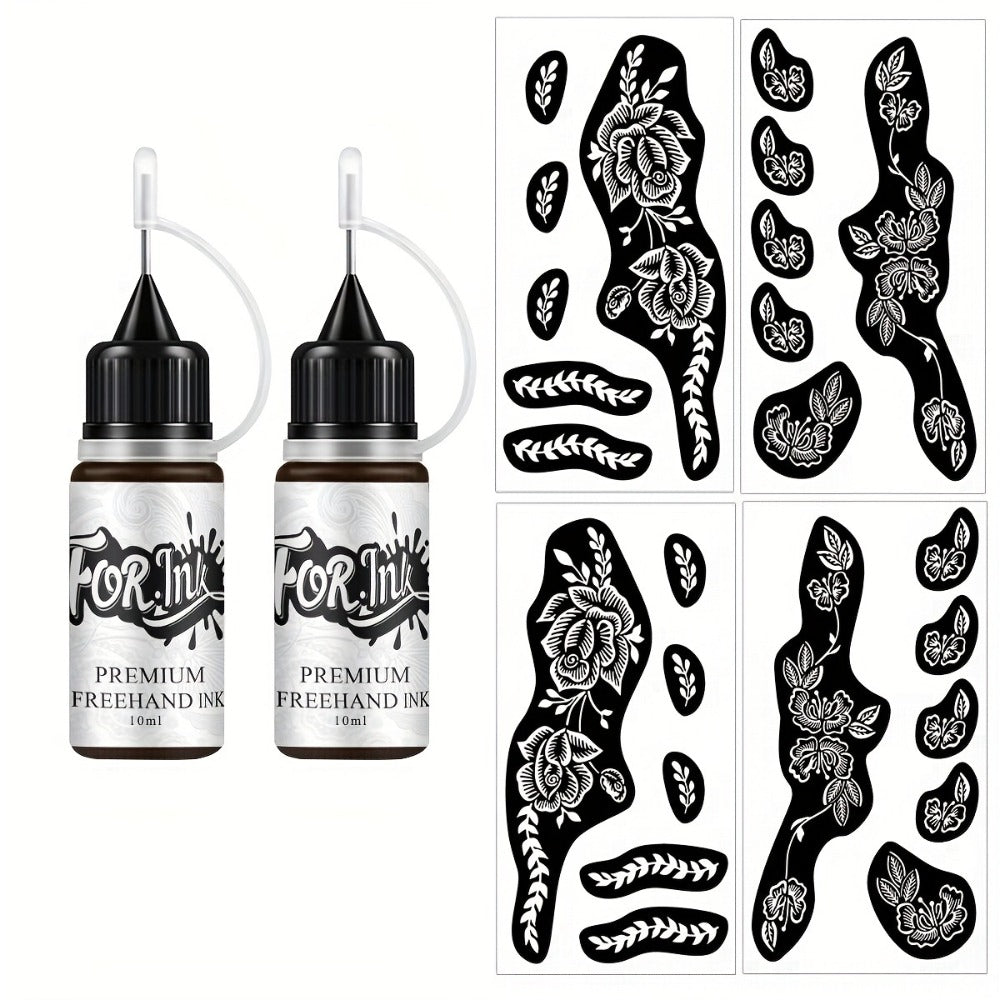 for. INK Premium Body Art Stencils: 2-Pack with Coffee Dye Ink And Flash Spray - Hollow Templates for DIY Freehand Ink Tattoos Designs