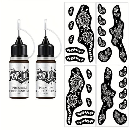 Body Art Tattoo Stencil Kit with Brown Paste Ink & Flash Spray - Hollow Template DIY Freehand Temporary Tattoo Designs 2-Pack SM-16 SM-17